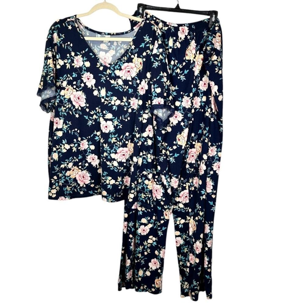 Flora Dark Blue Floral Pajama Set Size 3X